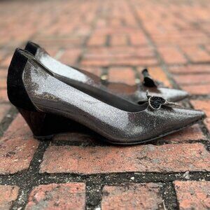 Made in France Glitter Pointed Toe Heels with Beaded Bow EU 36